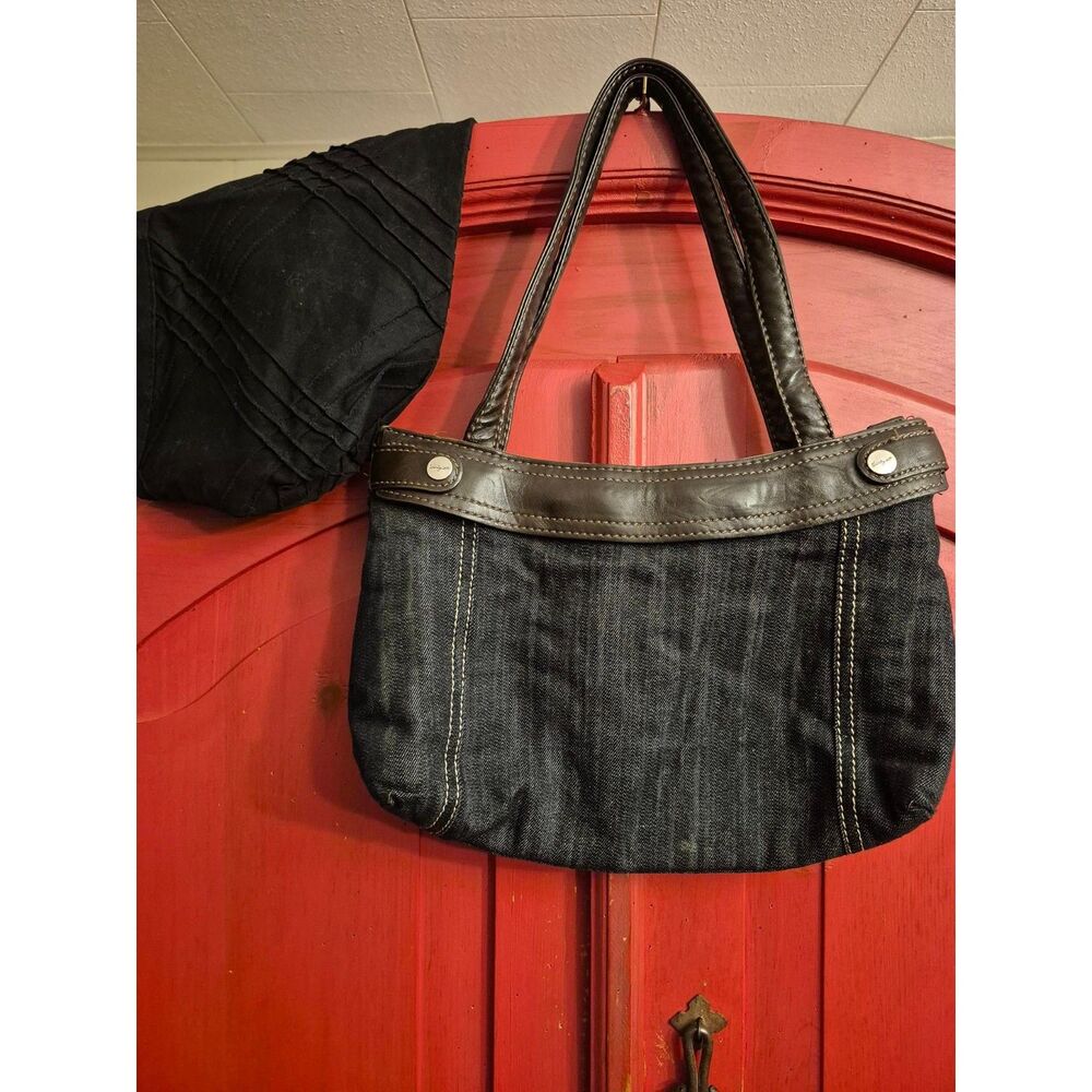 Thirty-One Dark Denim Handbag Purse With Black Clip on Cover 2 in 1 Bag EUC